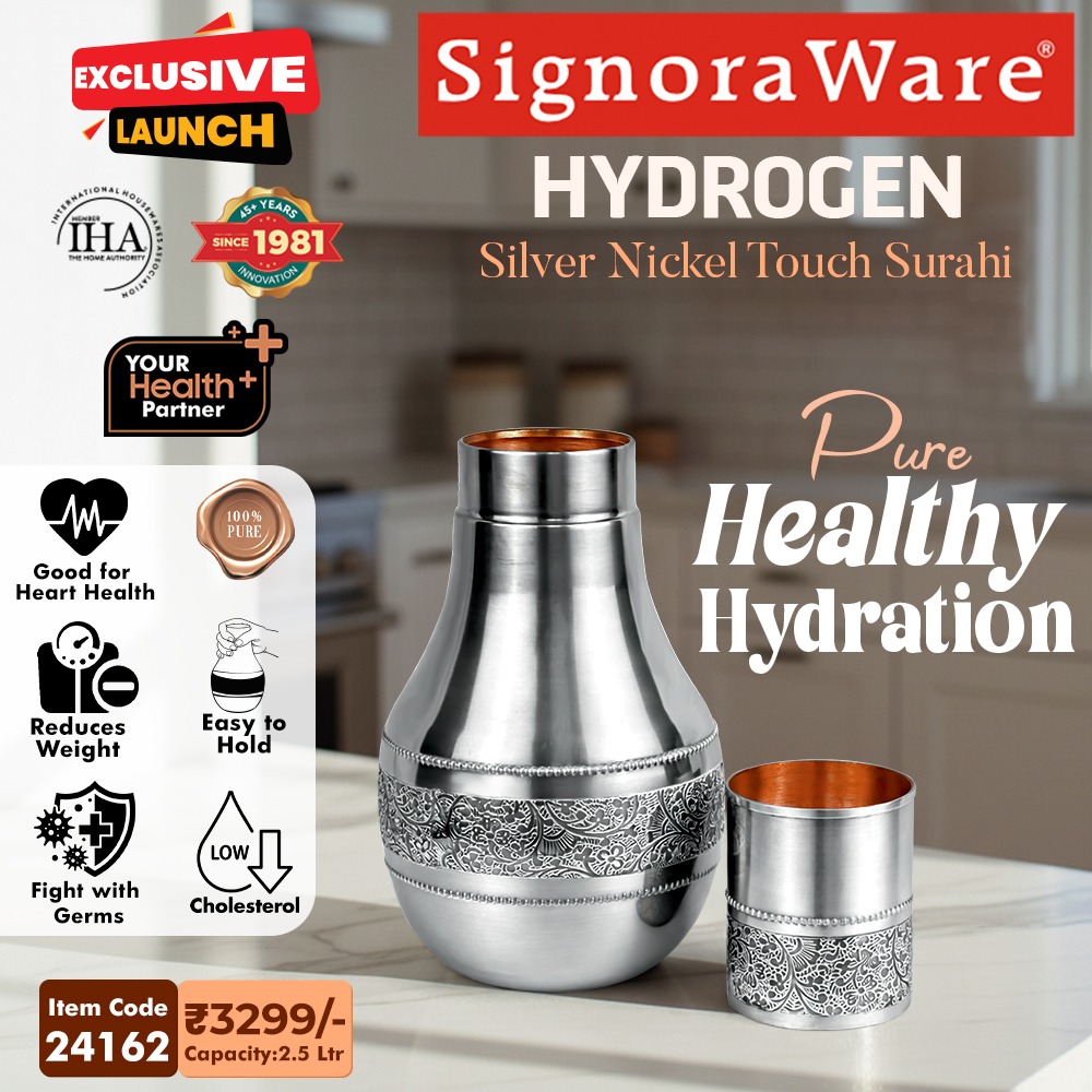 SignoraWare's tweet image. Pure hydration meets timeless elegance ✨
Introducing the Signoraware Hydrogen Silver Nickel Touch Surahi - where tradition blends with modern wellness. 
#Signoraware #HealthyHydration #PremiumLiving #SilverBottle #HomeEssentials #StayHydrated #LuxuryLifestyle #WellnessJourney
