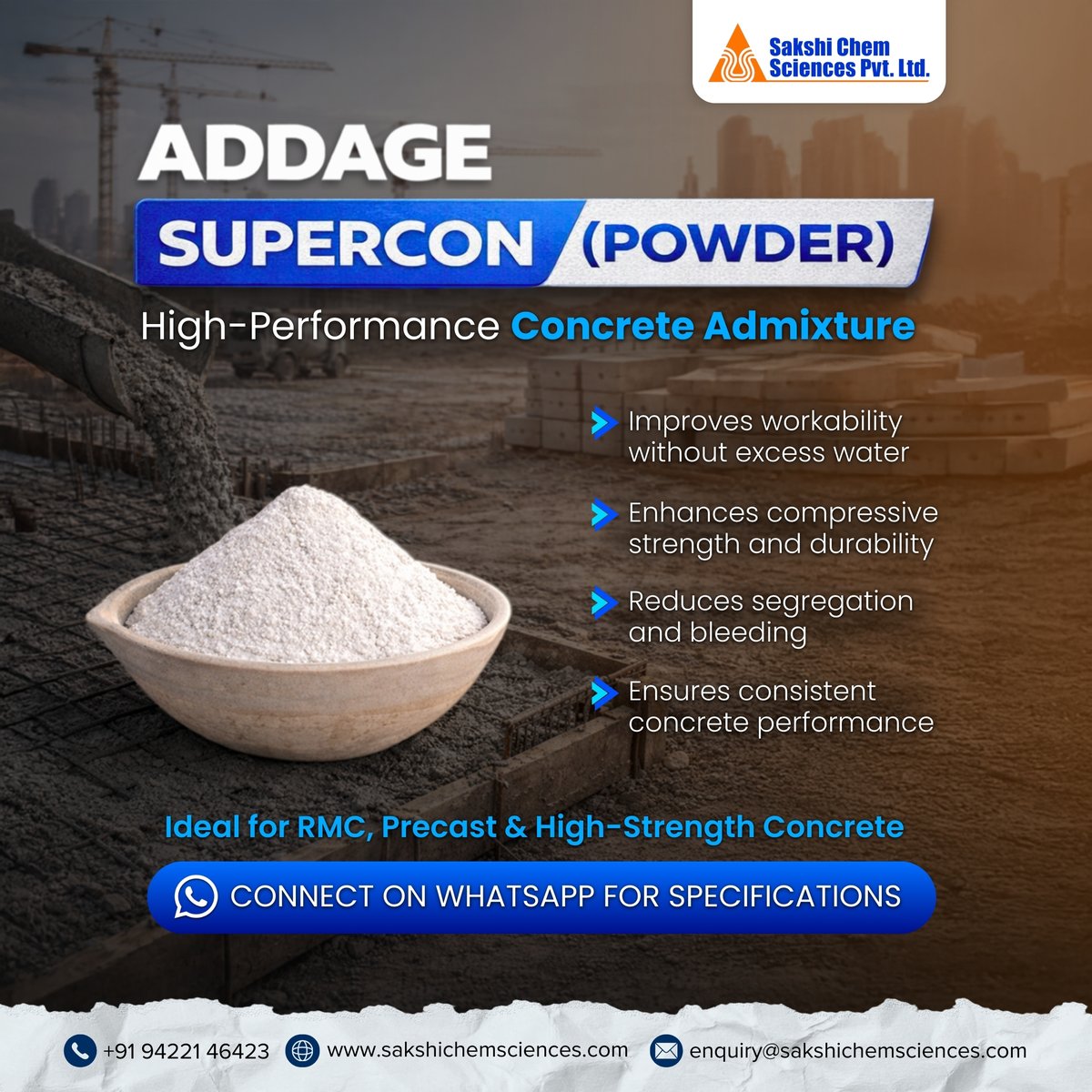 SakshiChemSci's tweet image. ADDAGE SUPERCON Powder boosts concrete strength, improves workability, and reduces water demand—delivering high-performance results for durable construction.
#AddageSupercon #ConcreteAdditives #HighStrengthConcrete #ConstructionChemicals