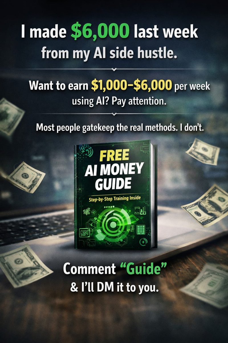 I earned $6,000 from my AI side hustle last week.

Want to make $1,000 to $6,000 per week?

99% won’t reveal their secrets, but my AI Money Guide will show you how.

Comment "Guide" and I will DM my proven guide to you for FREE.

Must follow me to get DM.

FREE for 48 hours.
