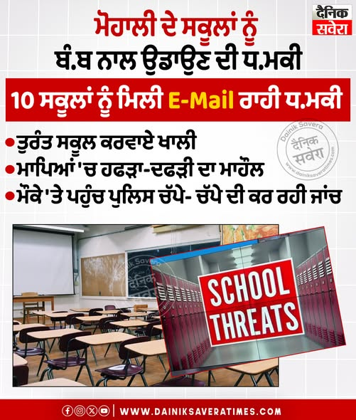 DainikSavera_tv's tweet photo. ਮੋਹਾਲੀ ਦੇ ਸਕੂਲਾਂ ਨੂੰ ਬੰ/ਬ ਨਾਲ ਉਡਾਉਣ ਦੀ ਧ/ਮਕੀ

#DainikSavera #Mohali #PunjabNews #BreakingNews #SchoolAlert #SecurityAlert https://t.co/szlsXUuXg1