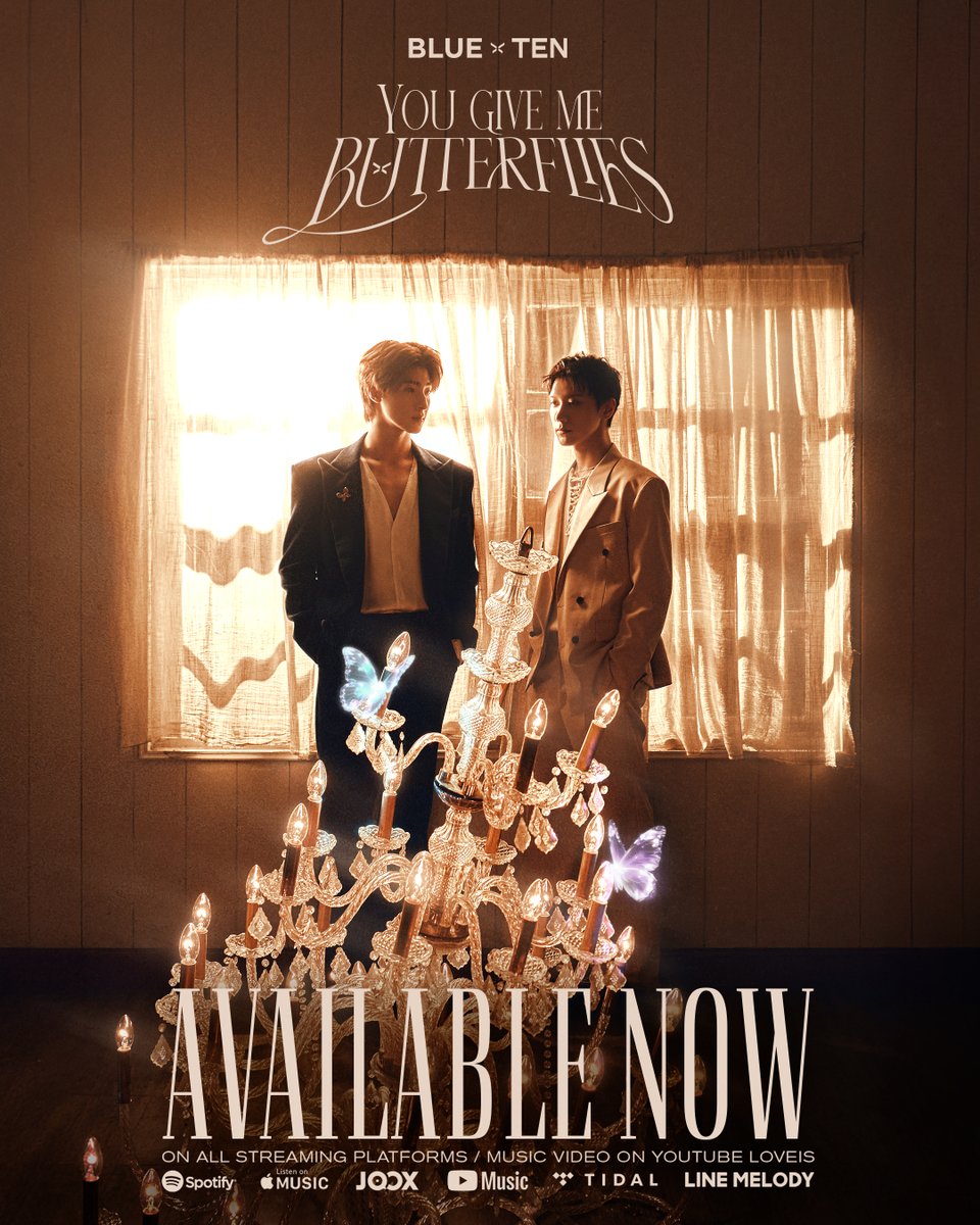 แค่วินาทีเดียวก็พอให้ใจลอยไป 🦋💜

You Give Me Butterflies | BLUE PONGTIWAT feat. TEN

𝑨𝑽𝑨𝑰𝑳𝑨𝑩𝑳𝑬 𝑵𝑶𝑾❗

[🔗] youtu.be/GBVlOJup4Ec
[🎧] bfan.link/BLUEPONGTIWAT-…

#BLUExTENYouGiveMeButterflies
#BLUEPONGTIWAT #TEN #NCT #WayV 
#LOVEiSENTERTAINMENT 

<a href="/bluepongtiwat_/">Bluepongtiwat</a>