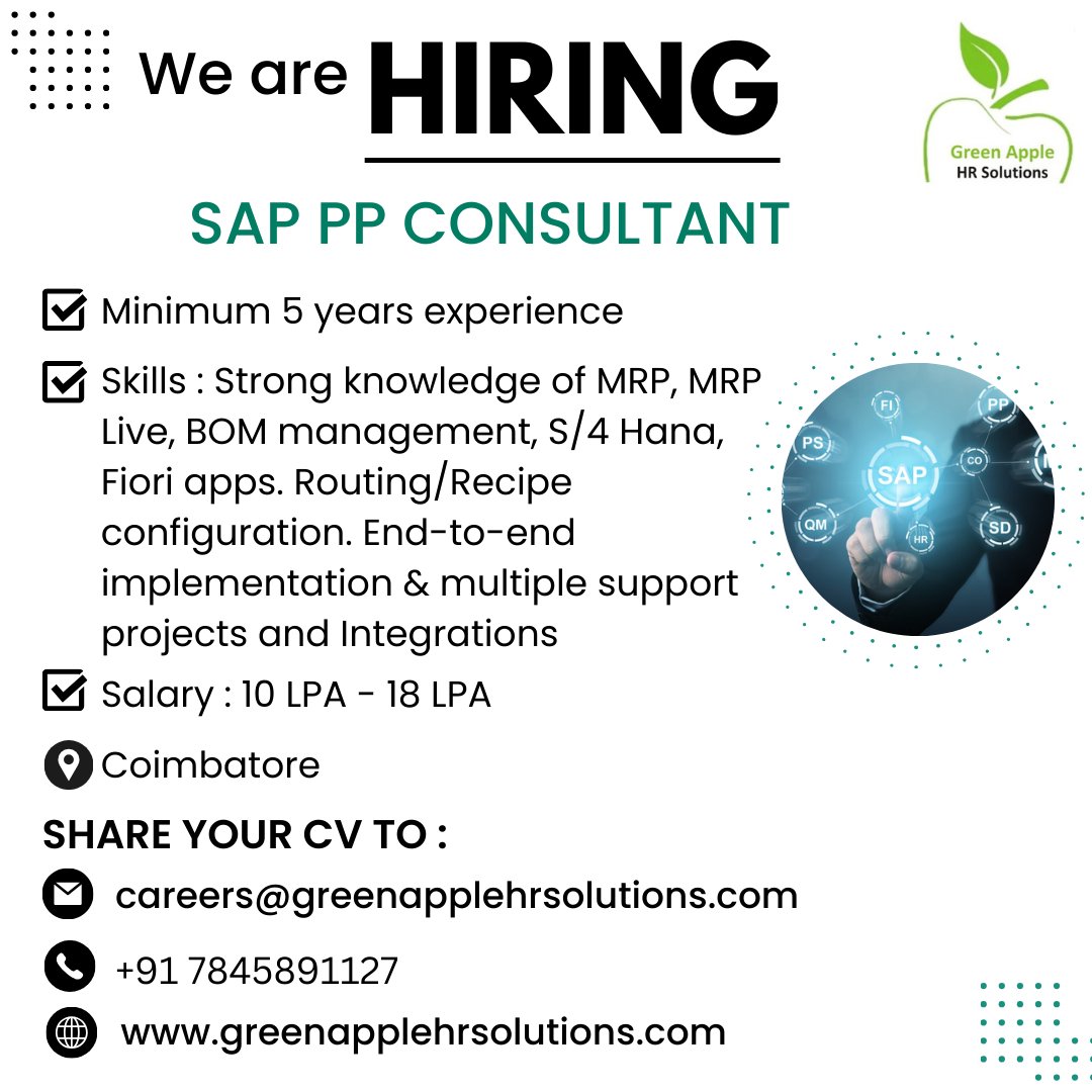 greenapplehr's tweet photo. We are looking for a SAP PP Consultant with minimum 5 years of experience

Click here to apply : https://t.co/kmgA4PaVdx

#greenapplehrsolutions #sapppconsultant #saphana #routing #sapconfiguration #hanasupport #sap https://t.co/aAdSBoioKd
