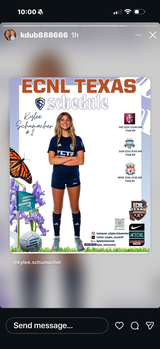 kylee_soccer29's tweet photo. Come watch my team at the ECNL Texas Showcase this weekend! Here is my schedule.
@ECNLgirls @PrepSoccerTX @PrepSoccer @TopDrawerSoccer @TheSoccerWire @StingSoccerClub @WG_GirlsSoccer https://t.co/nBAGAPBkej