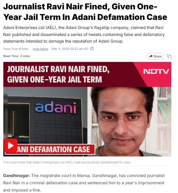 The man who built his name on destroying reputations just got served real justice. No longer can he shield himself with the "journalist" label while firing off groundless attacks.

Ravi Nair convicted... 1 year jail + ₹5,000 fine for defaming #AdaniGroup. Truth strikes