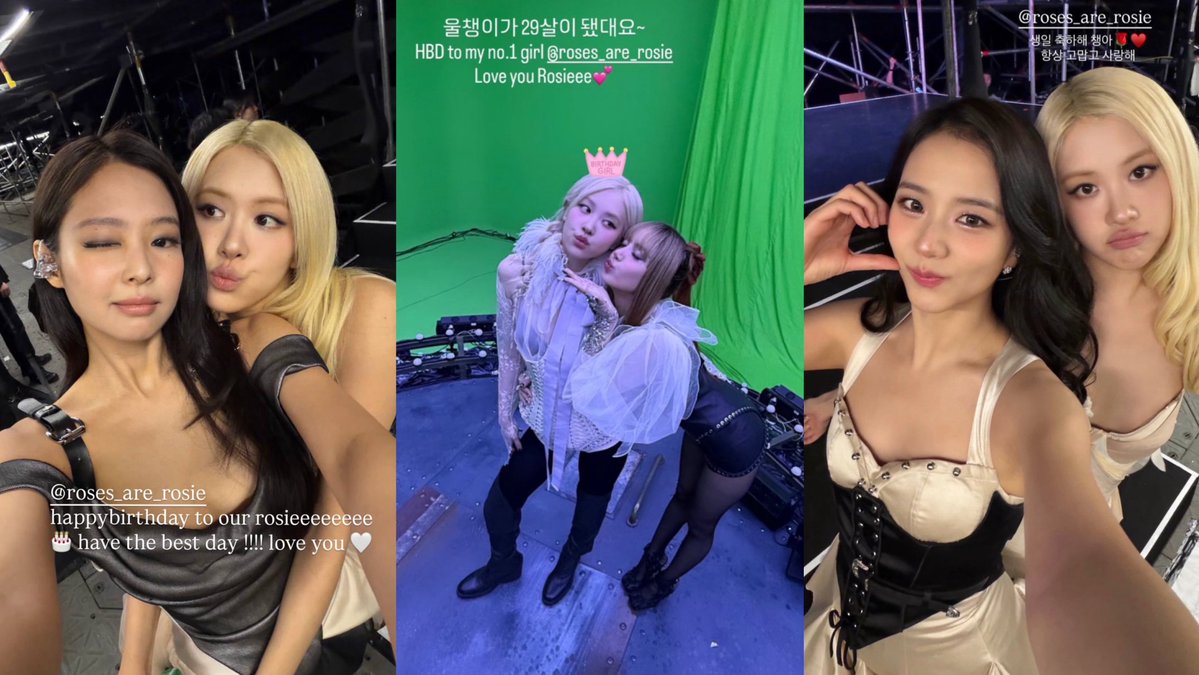 (3/3) BLACKPINK wishing ROSÉ a happy birthday! 

• JENNIE: happy birthday to our rosieeeeee. have the best day!!!! love you 
• LISA: our Chaeng just turned 29. HBD to my no.1 girl, love you so much, Rosieee
• JISOO: happy birthday chaeng, i’m always thankful and i love you.