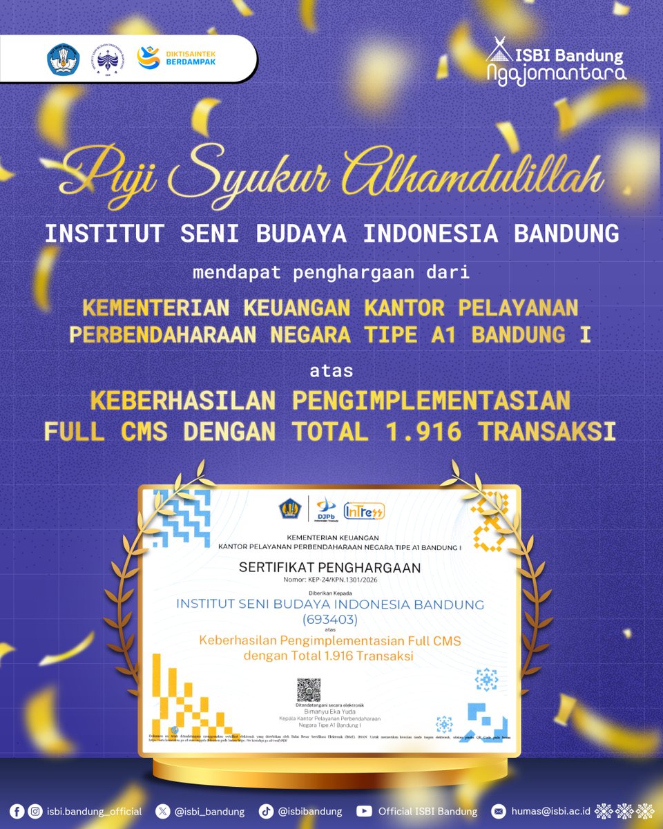 Puji Syukur Alhamdulillah, ISBI Bandung Menerima Penghargaan dari Kemenkeu melalui KPPN Tipe A1 Bandung I atas Keberhasilan Pengimplementasian Full CMS dengan Total 1.916 Transaksi

isbi.ac.id/puji-syukur-al…

Salam Seni dan Budaya!

#ISBIBandung
#CentreofCreativity