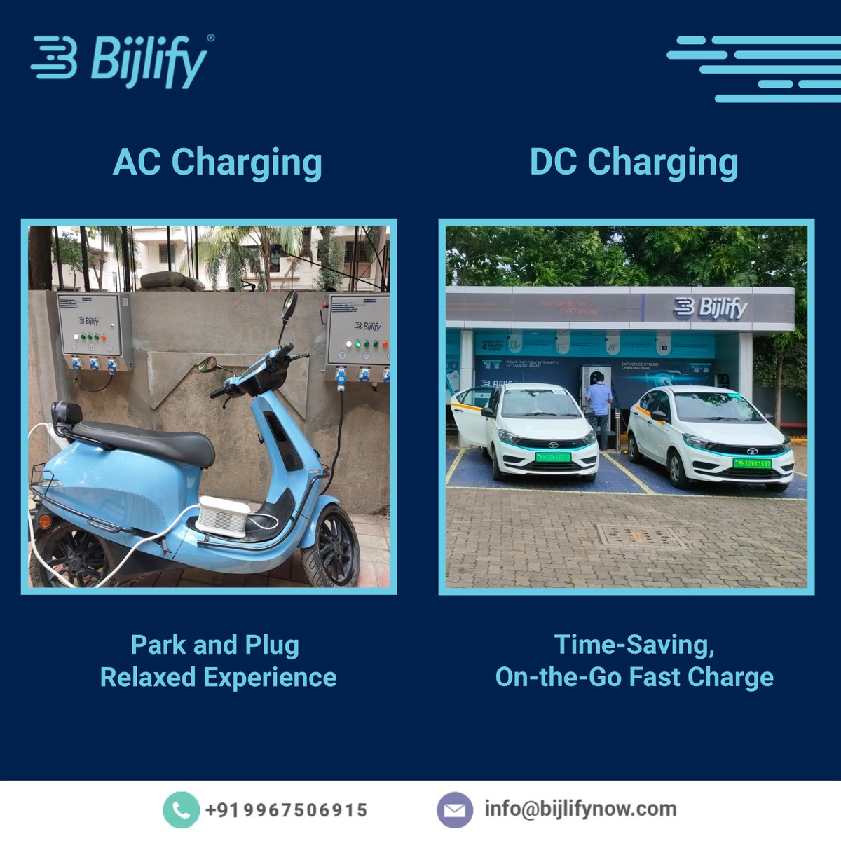 Bijlify's tweet photo. AC or DC? 
High traffic → DC.
Long parking → AC.
Smart EV infrastructure matches power to behavior and utilization to purpose.
#BijlifyEVCharging #ACvsDC #EVInfrastructure #ElectricMobility #ChargeSmart https://t.co/er20PG9m0s