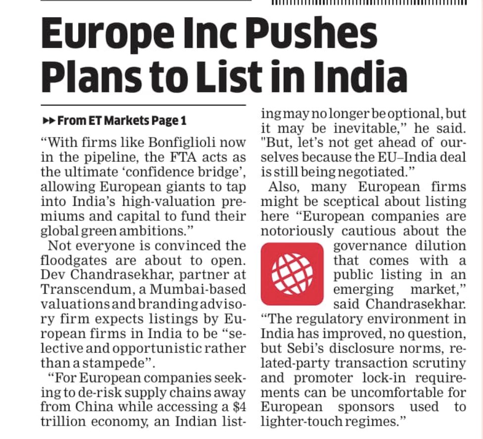 HimadriBuch's tweet photo. As EU–India trade talks gather pace, a growing number of European multinationals are exploring #IPOs of their Indian subsidiaries. Investment bankers tell me that they have seen a clear rise in enquiries. @EconomicTimes https://t.co/iTaRMvQfva
