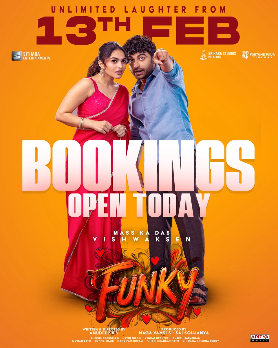 vamsikaka's tweet photo. Theatres will erupt with #FUNKY CHAOS! 💣

Advance BOOKINGS OPEN TODAY 🎟️

Unlimited laughs loading…🔥

#FUNKYTrailer — https://t.co/4USArVan0y

In cinemas #FunkyFrom13thFeb 🕺
 
Mass Ka Das @VishwakSenActor @11Lohar @anudeepfilm https://t.co/mHUoPlkUYy