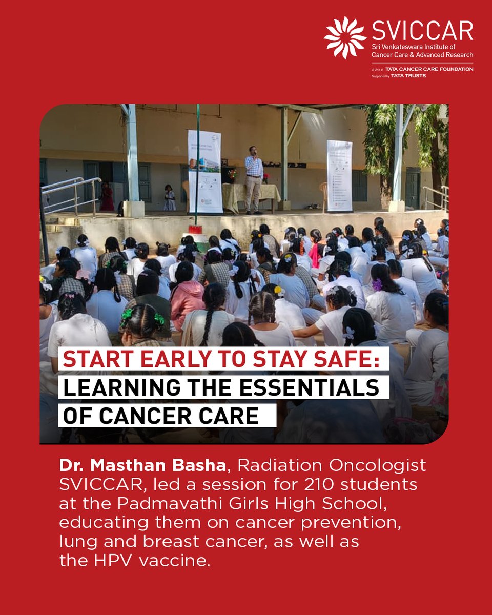 tatacancercare's tweet photo. Real change starts with the right information. 
Dr. Masthan Basha from our Radiation Oncology team joined the students of Sri Padmavathi Girls High School to demystify cancer care and emphasize the importance of early intervention.​
Listen Early. Detect Early. ​
#CancerAwareness https://t.co/BE6q4RfMv4