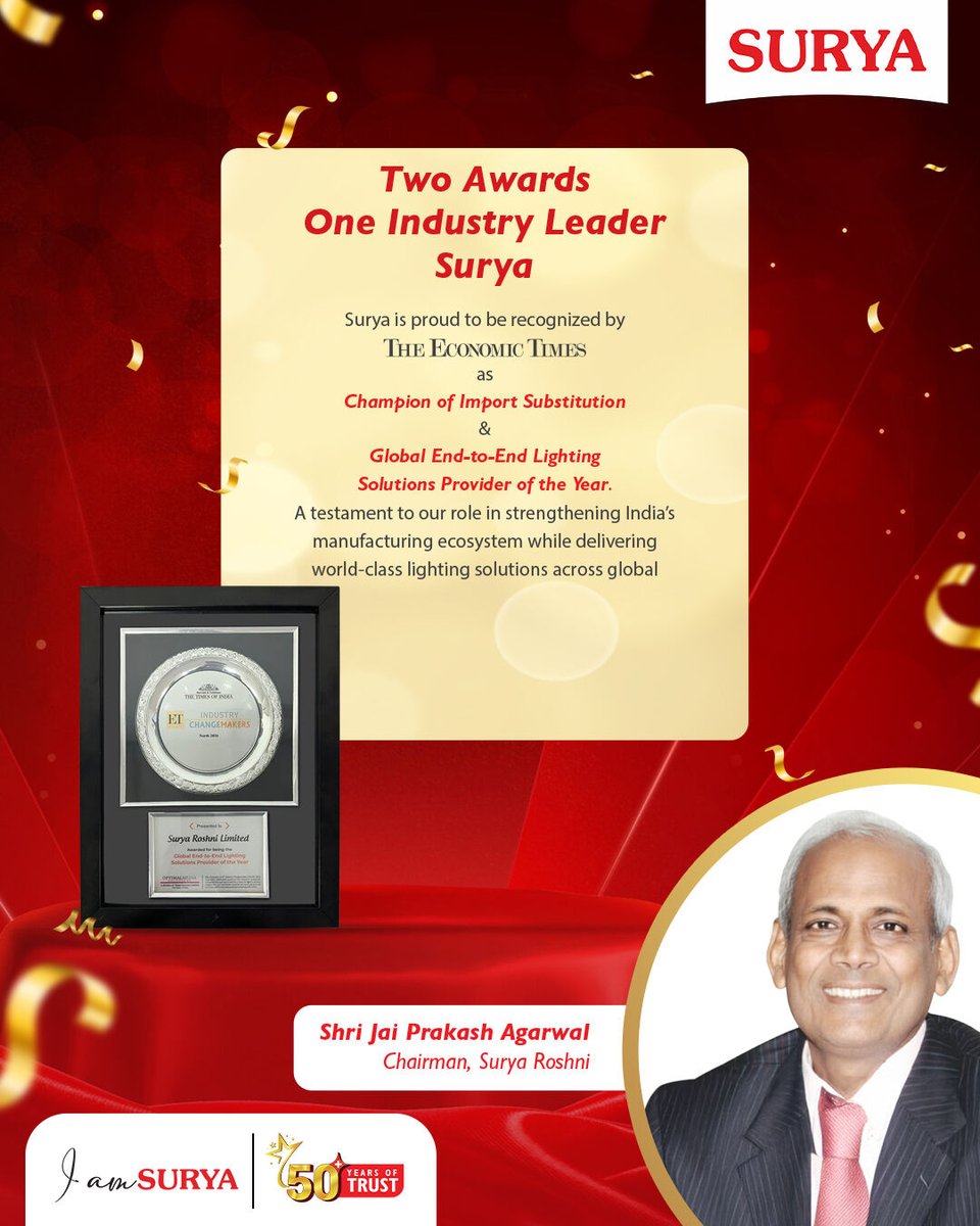 surya_roshni's tweet photo. Two awards. One industry leader Surya

Recognised by The Economic Times, these honours celebrate Surya’s journey of innovation, self-reliance, and global excellence—driven by a strong foundation of trust and manufacturing leadership.

#SuryaRoshni #IndustryLeadership #MakeInIndia https://t.co/OkmoqMgMdT