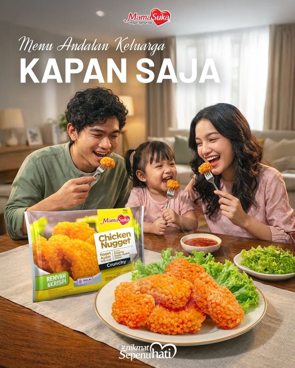 Menu andalan keluarga kapan saja? 🍗✨

MamaSuka Chicken Nugget yang renyah &amp; krispi di luar, juicy di dalam, selalu jadi favorit si kecil sampai orang tua. Tinggal goreng, sajikan hangat, langsung bikin momen makan bareng makin spesial 💛 

#MamaSuka #NikmatSepenuhHati
