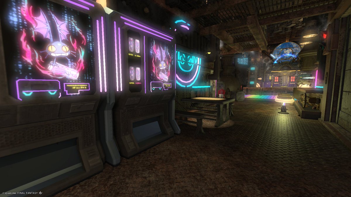 FF14hiko's tweet photo. ハウジングの家具も見ないうちに増えてて驚き。
ネオン系で少し付け足したら電脳九龍城+クラブ風になった。
金策しないとやゔぁい https://t.co/cuMRAQnecT