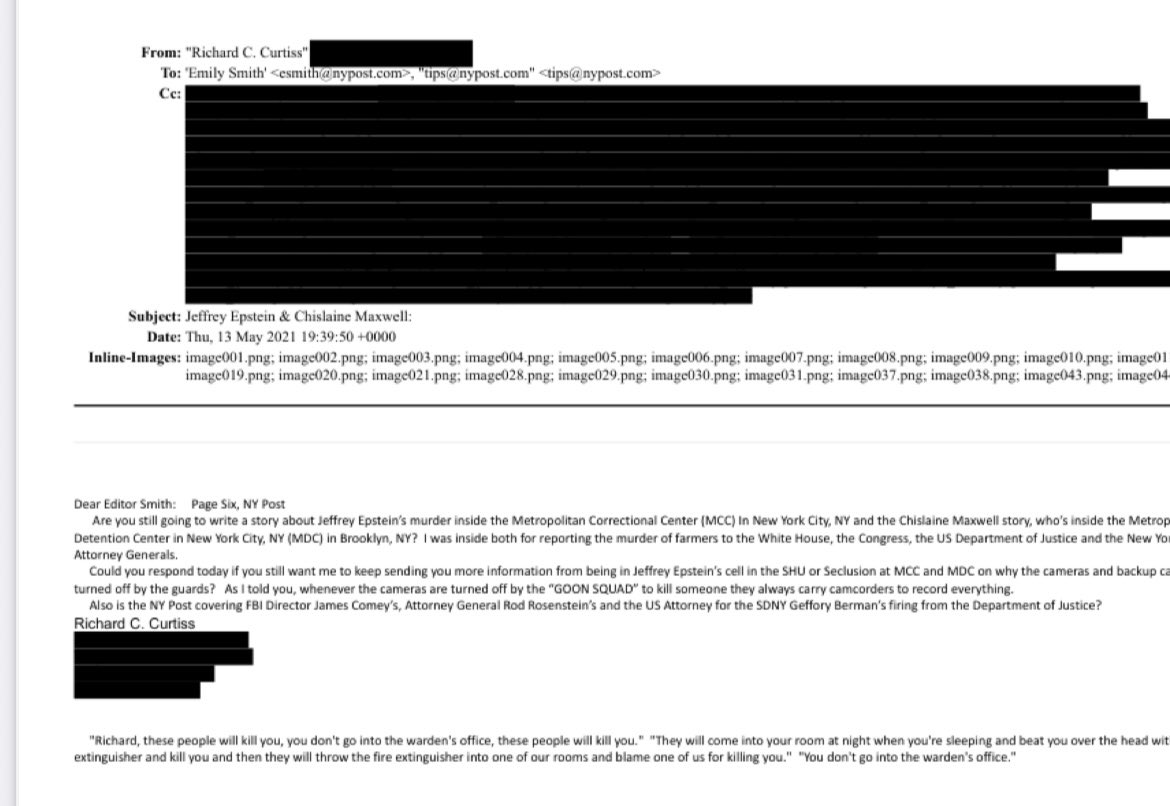 jakeshieldsajj's tweet image. Here is a warning to a reporter that he would be murdered if he doesn’t stop investigating Epstein 

It was followed by 24 pages that were all fully redacted black pages