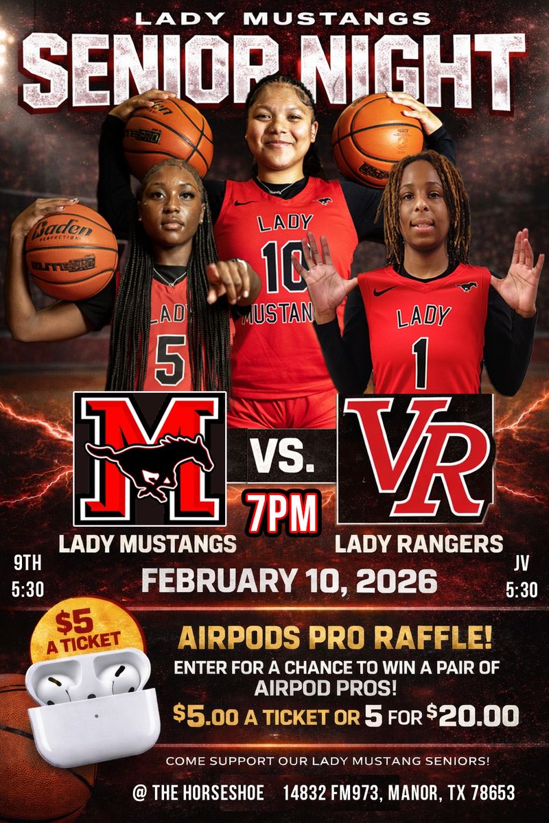 ManorGirlsHoops's tweet photo. SENIOR NIGHT!

🏀 Manor Lady Mustangs🐎
🆚 Vista Ridge Lady Rangers 
🗓️ Tuesday February 10th, 2026

⌚️JV @ 5:30pm
⌚️Varsity @ 7:00pm
📍The Horseshoe (Manor High School)
🎟️ https://t.co/uN70h8ULZW

#WAMM

🐎🏀 https://t.co/6fxGNEybdz