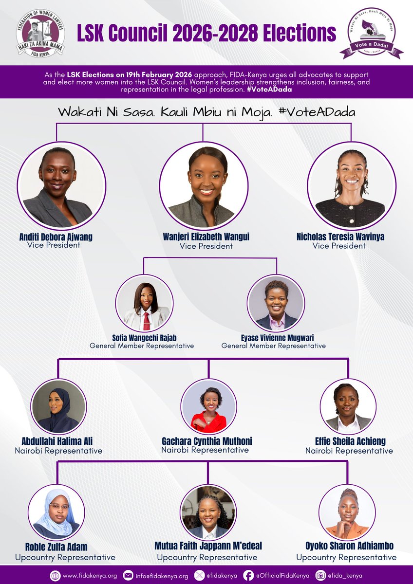 fidakenya's tweet photo. As the @LawSocietyofKe elections scheduled for 19/2/2026 approach, We urge all advocates to support & elect more women. @AnditiOgada @mimiwangui @twavinya @sofwaraj @shillaeff & others below offered their candidature for the different elective positions. #VoteADada https://t.co/GFvUMJiiwo
