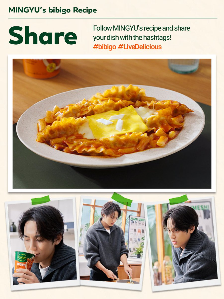 bibigoGlobal's tweet photo. 👀📢 MINGYU’s bibigo Restaurant Recipe No.1

Today’s Menu: MINGYU’s Cheesy Tteokbokki & Mandu 🧀🥟✨

Made by SEVENTEEN’s official chef MINGYU,
let’s make it and enjoy it together! 

⚠️ It’s a generous portion. Share wisely! 😊

#bibigo_SEVENTEEN #TasteWhatsBeyond
#SEVENTEEN #bibigo #LiveDelicious #MINGYU
