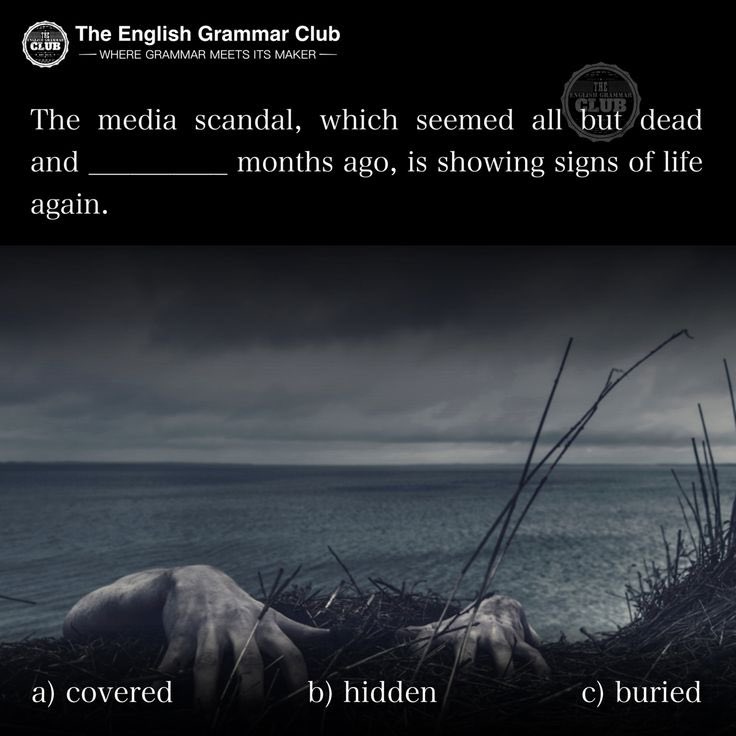 grammar_club's tweet photo. The media scandal, which seemed all but dead and ______ months ago, is showing signs of life again.

a) covered
b) hidden
c) buried

#languageIsVisual #GrammarInContext #EnglishVocabulary #TheEnglishGrammarClub https://t.co/522w8EQo2j