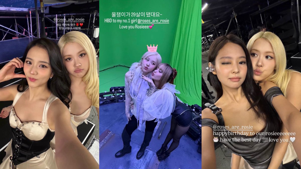 roseanneHQ_'s tweet photo. JISOO, LISA, JENNIE Instagram story update with ROSÉ:

“Jisoo: 생일 축하해 챙아 🌹♥️
항상 고맙고 사랑해

Lisa: 울챙이가 29살이 됐대요~
HBD to my no.1 girl
Love you Rosieee 💕

Jennie: happybirthday to our rosieeeeeeee
🎂 have the best day !!!! love you 🤍”

BIG BAD ROSÉ DAY
#Chapter29WithROSÉ
#넘버원걸_로제야_생일_축하해
@numberoneHQ
