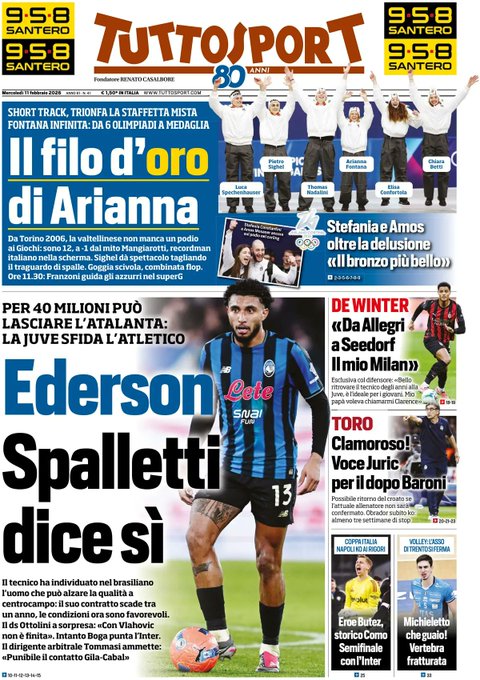 Front Page Tutto Sport, Wednesday 11 February 2026