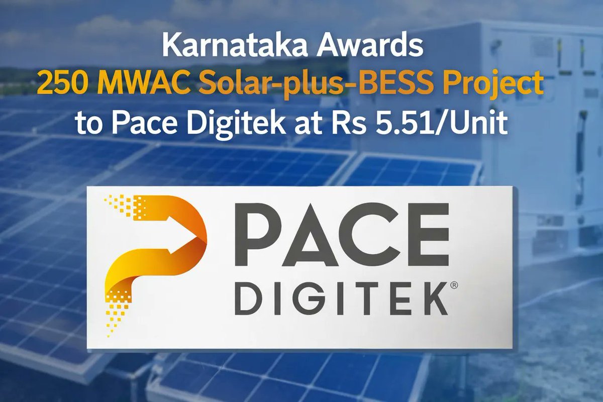 Karnataka Awards 250 MWAC Solar-Plus-BESS Project To <a href="/pacedigitek/">Pace Digitek</a> at Rs 5.51/Unit

Read more saurenergy.com/solar-energy-n…

#batterystorage #energystorage

Stay up to date with the renewable energy industry by following Saur Energy WhatsApp channel whatsapp.com/channel/0029Va…