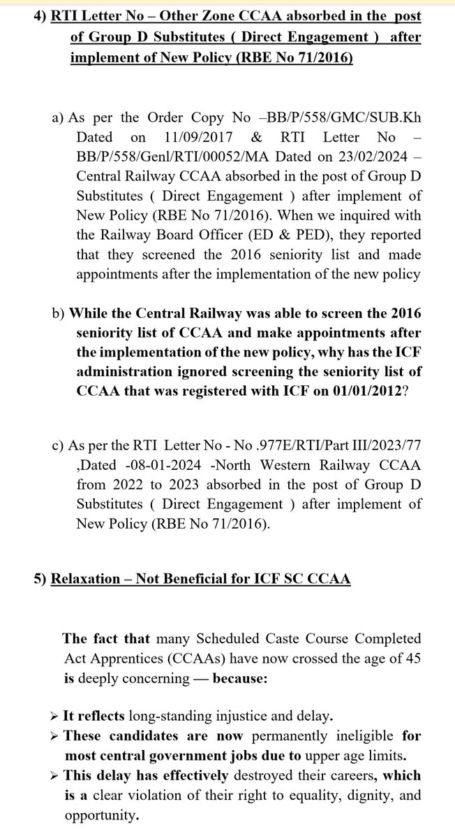 IyyappanIy13946's tweet photo. @RailMinIndia
@rashtrapatibhvn
Other zones absorbed SC CCAA in Railway up to 2016under RBE 136/2004,but ICF SC CCAA from 1997 ignored-no jobs!NCSC aidsother states'SC CCAA,so why no justice for ICF Scheduled Castes CCAA those implemented inCase?Tamil Nadu is India-equality when? https://t.co/fKEseXhOPH