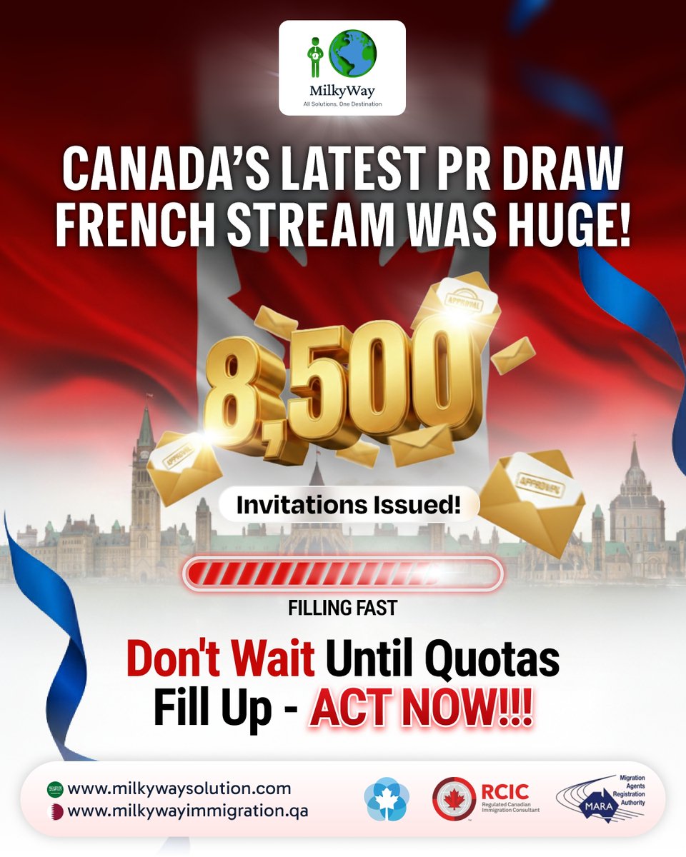 MilkyWaySaudi's tweet photo. A major Canada PR draw under the French stream — 8,500 invitations issued.
Opportunities like this require the right preparation and proper guidance from the start. MilkyWay helps you assess eligibility clearly and avoid costly immigration mistakes.

Why Choose MilkyWay?
• Registered with IRCC, MARA & MIA – Certified experts
• Hassle-free process – Simple, clear, and stress-free
• Complete support – From assessment to settlement
• Proven trust – Thousands of successful cases

Get your free migration assessment today.

Saudi Arabia
Riyadh: 054 159 1427
Jeddah: 054 144 6850
Al Khobar: 056 292 4040

#CanadaPR #ExpressEntry #FrenchStream #CanadaImmigration #ImmigrationUpdate #MilkyWayImmigration #TrustedImmigration #MoveWithConfidence #MigrationGuidance