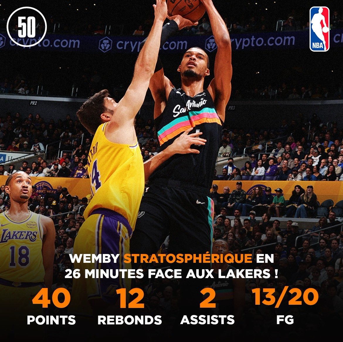 VICTOR WEMBANYAMA CE SOIR :

40 POINTS 🔥
12 REBONDS
2 ASSISTS
2 STEALS
13/20 FG | 4/6 3-PTS | 10/12 FT
…EN 26 MINUTES !!! ⏱️

25 PTS DANS LE QT1, 37 EN PREMIÈRE MI-TEMPS, ET LA (TRÈS LARGE) WIN ! 😵‍💫✅