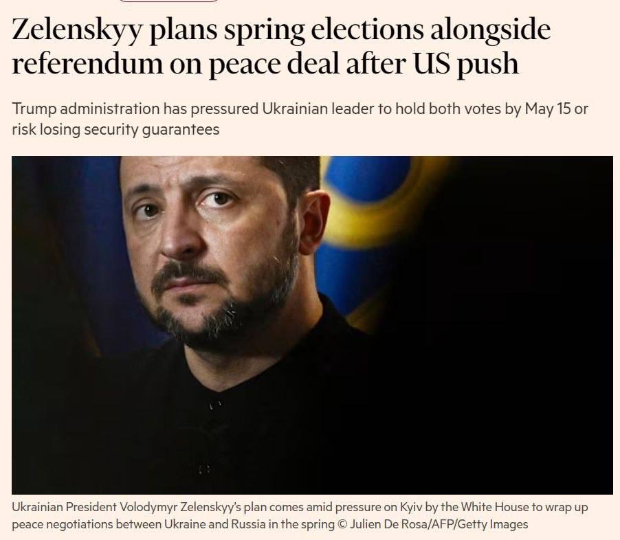 Ukraine has begun planning for presidential elections and a referendum, – FT.

The Trump administration is demanding that both votes be held by May 15, otherwise Ukraine could lose its US security guarantees. Sources say Zelenskyy could announce the elections for February 24.