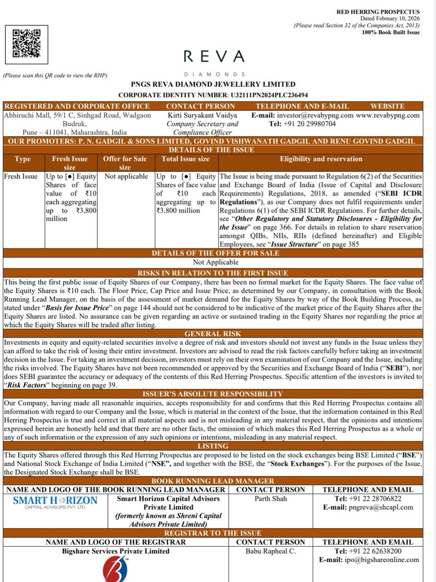 New Mainboard IPO 

PNGS Reva Diamond Jewellery Limited

Date : 24-26 February 

Size : 380 Crore (Full Fresh)

FV : 10
Retail : 10%
Employee Quota ✅️

FY23
Revenue : 199.3 Crore 
PAT : 51.7 Crore 

FY24
Revenue : 196.2 Crore 
PAT : 42.4 Crore

FY25
Revenue : 259.1 Crore 
PAT :