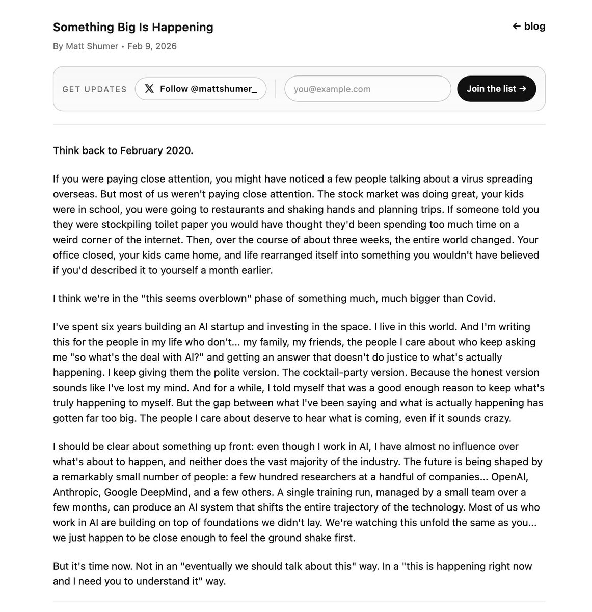 "거대한 무언가가 다가오고 있다"

아티클 정말 잘 읽었어요. 지금 이 순간이 중요하다는 시간의 가치를 얘기하는거 같아 공감이 많이 되더라구요. 꼭 읽어보셨으면 좋겠습니다!

💬 2020년 2월을 떠올려 보세요..

해외에서 바이러스가 퍼지고 있다는 소식이 들려왔지만, 대부분은 대수롭지 않게