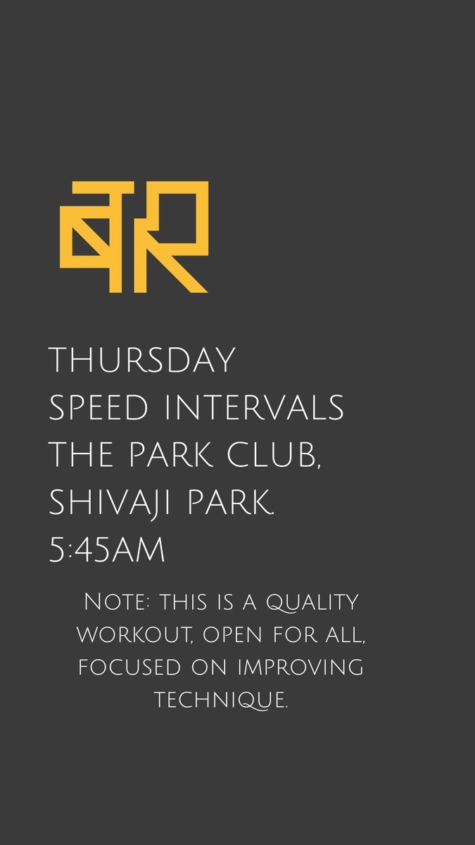 BombayRunning's tweet image. Come join the Crew for Thursday Speed Intervals on 12th Feb, Thursday, at the Park Club, Shivaji Park.

See you all at 05:45AM.

#BombayRunning #Running #MumbaiRunners #Bombay #WeRunThisCity