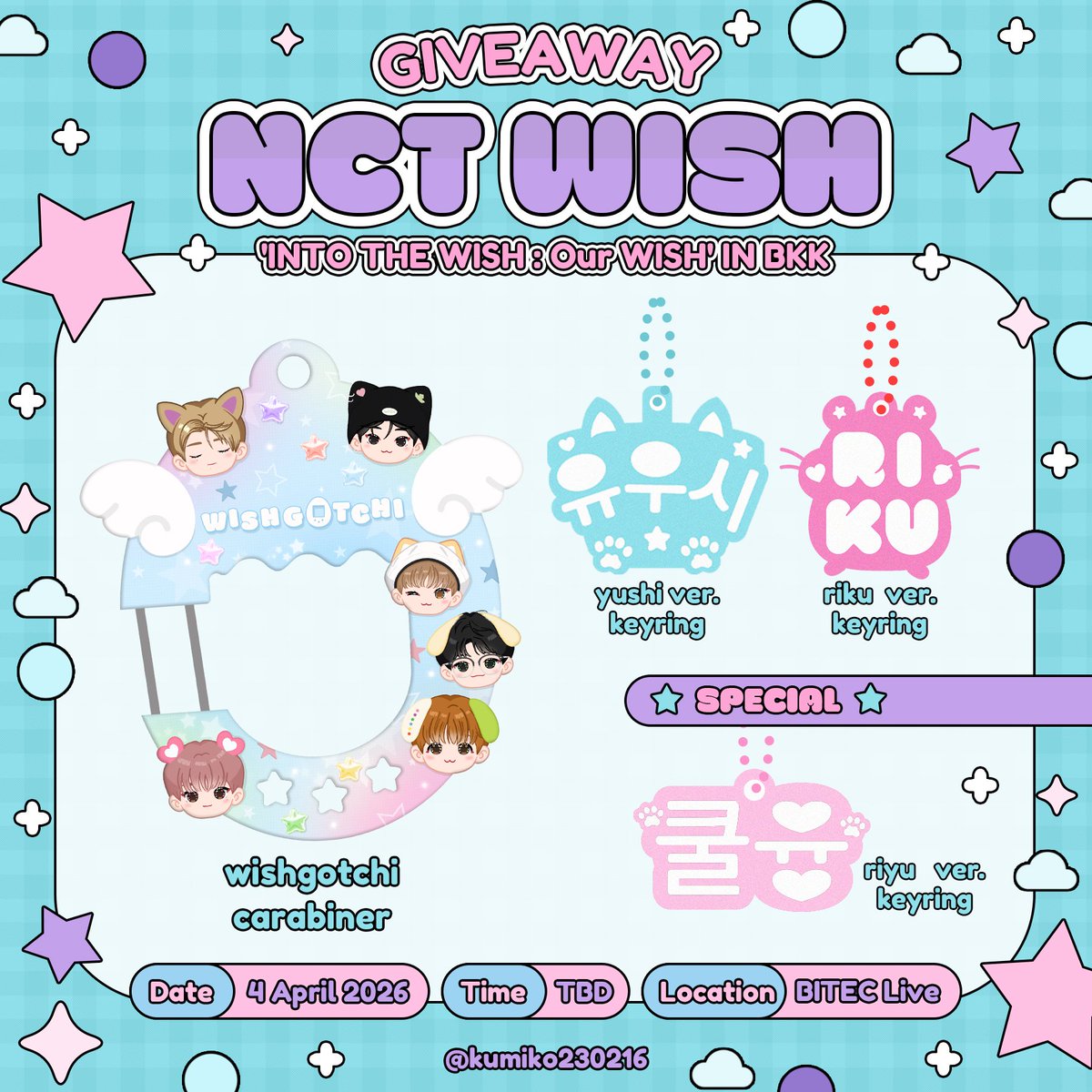 ꒰ა pls kindly rt ໒꒱
giveaway for 𝔀𝓲𝓼𝓱𝔃𝓮𝓷𝓼 

♡ carabiner
♡ yushi/riku ver keyring (random)
♡ special keyring for riyu shipper 

🗓 4 april 2026
⏰️ TBD
📍 BITEC Live

rules: rt + show this tweet
dm for exchange

#NCTWISH_CONCERT_TOUR_IN_BKK 
#OurWISH_BANGKOK