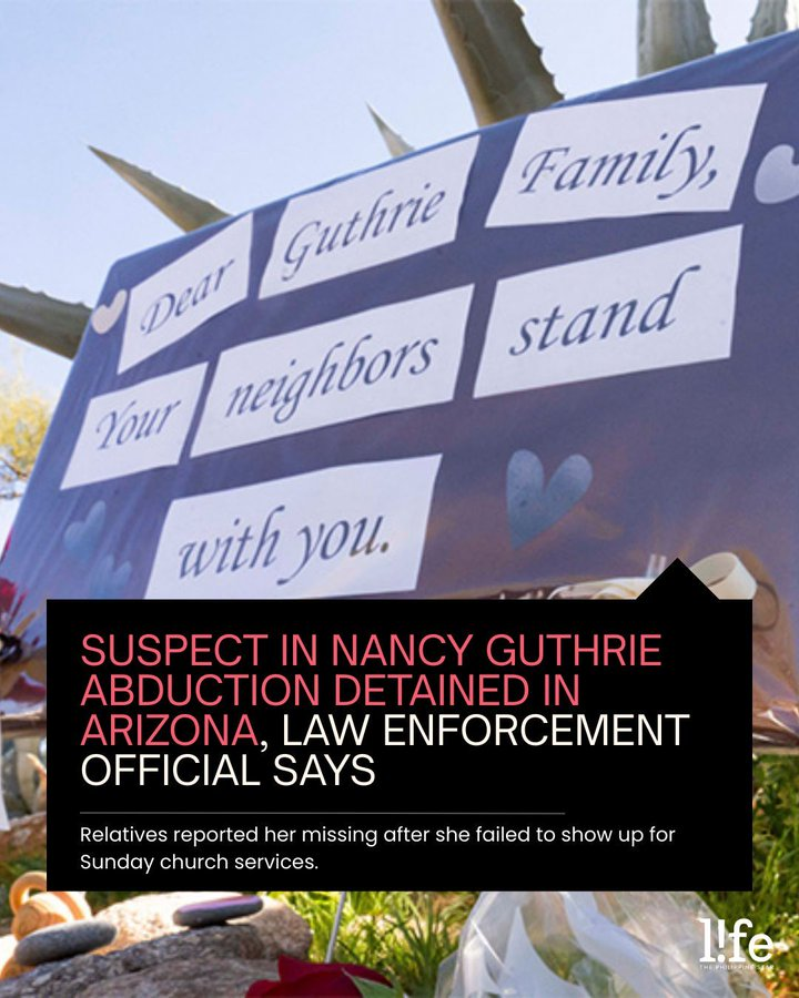 FeorenzoLisa's tweet photo. A suspect in the abduction of US TV host Savannah Guthrie's elderly mother, Nancy, was taken into custody in Arizona on Tuesday, nine days after the 84-year-old woman was reported missing. https://t.co/FFzq8wfQhp