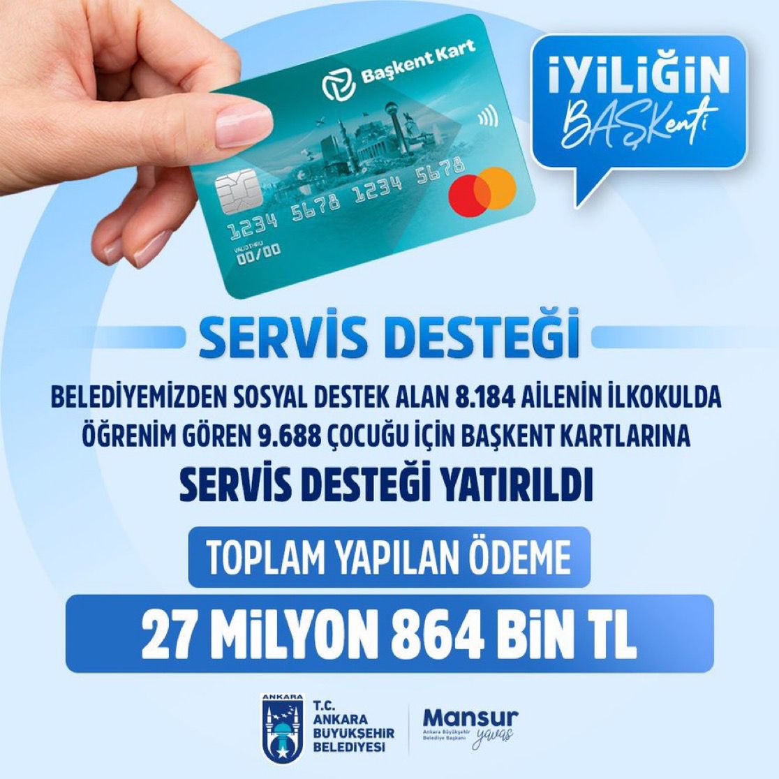 Ankara Büyükşehir Belediyesi, Ankara’da eğitimde fırsat eşitliği için desteklerine devam ediyor. 

Sosyal yardım alan 8.184 ailenin ilkokula giden 9.688 çocuğu için toplam 27 Milyon 864 Bin TL servis desteği Başkent Kartlara yatırıldı. <a href="/mansuryavas06/">Mansur Yavaş</a> 🇹🇷