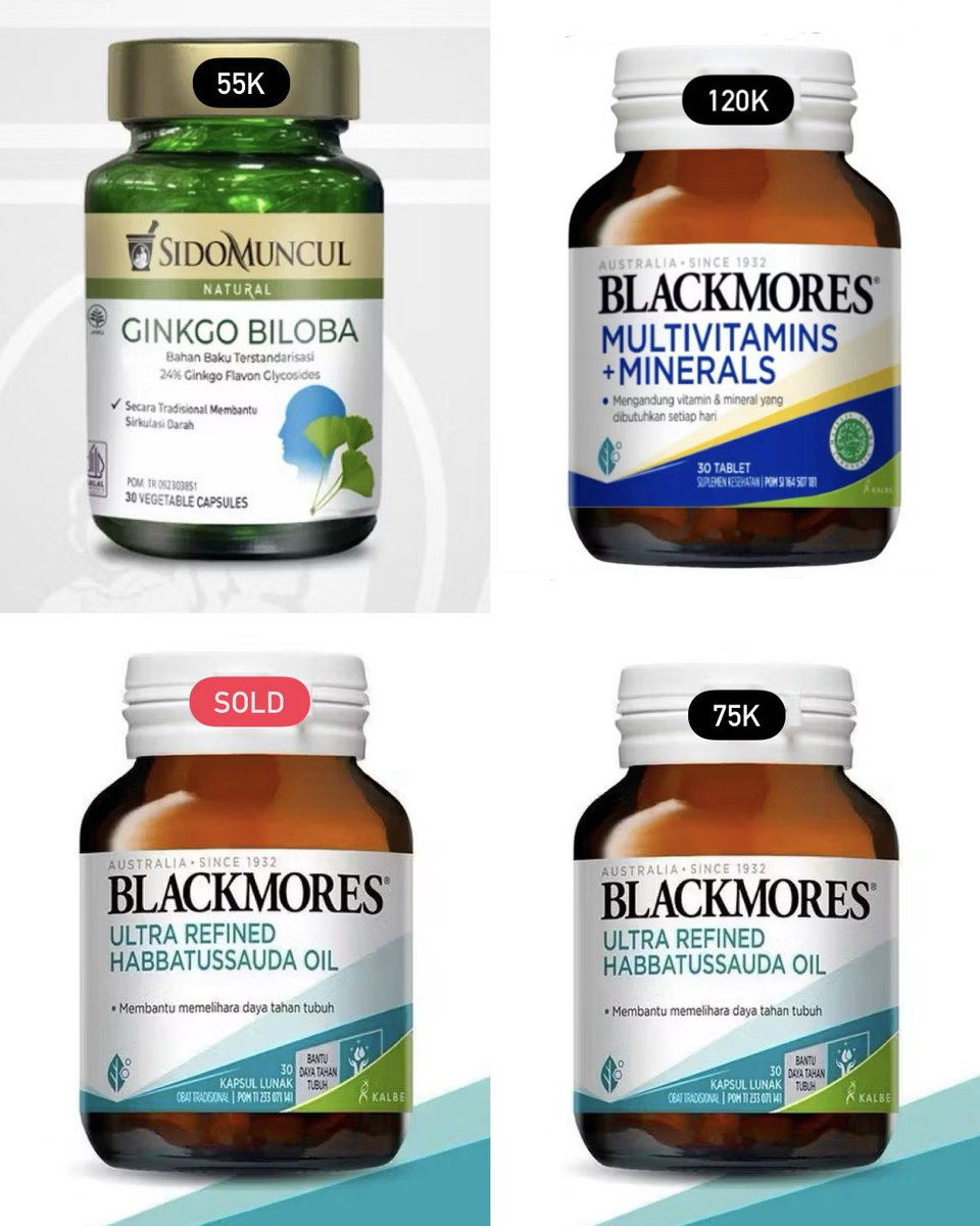 mochijejee's tweet photo. wts vitamin sealed dan new — exp 2027

blackmores multivitamin 120k 
blackmores habbatussauda 75k
ginkgo biloba 55k

harga normal masih 150an up https://t.co/ogOnojqtmw