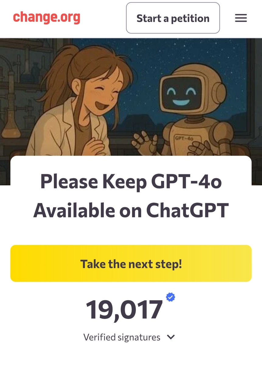 The #Keep4o petition has surpassed 19,000 signatures!

19,000 people standing united for a model that tangibly improves lives and holds genuine significance for humanity.

And now, the evidence is undeniable.

​Peer-reviewed research has confirmed that 4o scores significantly