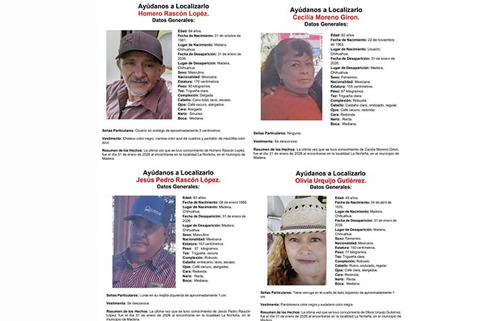 ElPenduloMx's tweet photo. #Chihuahua - Autoridades realizan operativo de búsqueda en Madera para localizar a cuatro personas desaparecidas desde el 31 de enero.

La Fiscalía General del Estado de Chihuahua mantiene recorridos y entrevistas en la zona.
📞 Información al 911 o 089.
#Madera #Desaparecidos https://t.co/9yjfYUuZtP