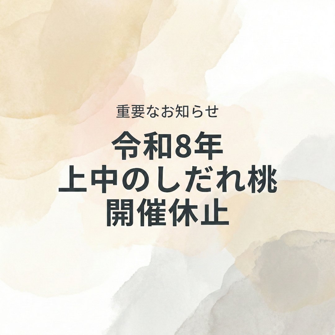 【重要】上中のしだれ桃イベント休止のお知らせ

令和8年4月に開催を予定しておりました
「上中のしだれ桃」イベントは、以下の理由により休止いたします。

理由: 花の生育不良

お願い:
地域ではイベント休止に伴う受入れ体制を整えておりません。
観光目的でのご来場はお控えください。