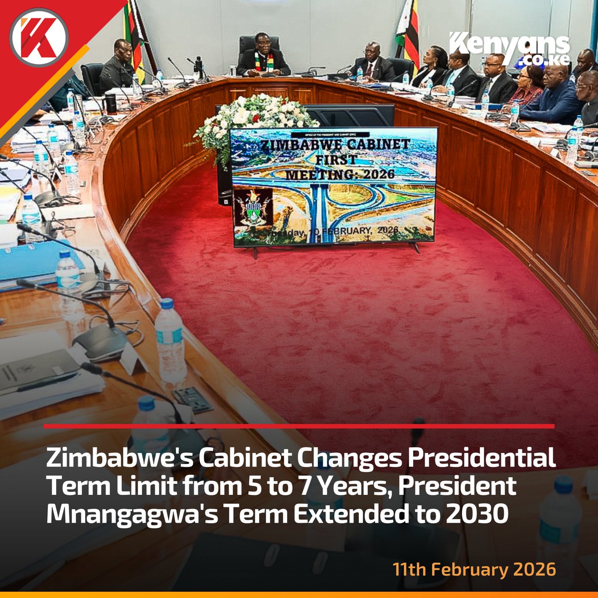 Zimbabwe's cabinet changes Presidential term limit from 5 to 7 years, President Mnangagwa's term extended to 2030