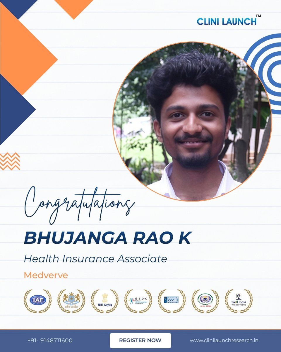 clinilaunch's tweet image. We’re proud to celebrate Bhujanga Rao K, who has successfully begun his professional journey as a Health Insurance Associate at Medverve.

📞 +91 91487 11600 | 🌐 clinilaunchresearch.in

#CliniLaunch #CLRI #CareerSuccess #ClinicalResearchCareers #HealthcareJobs