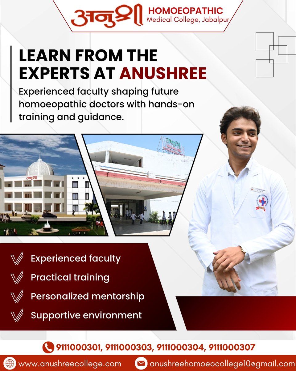 CollegeAnushree's tweet image. 🌟 Learn from the Experts at Anushree! 🌟At Anushree Homoeopathic Medical College, Jabalpur, our experienced and dedicated faculty is committed to shaping future homoeopathic doctors  
🌐 anushreecollege.com
  #AnushreeMedicalCollege #HomoeopathyEducation #LearnFromExperts