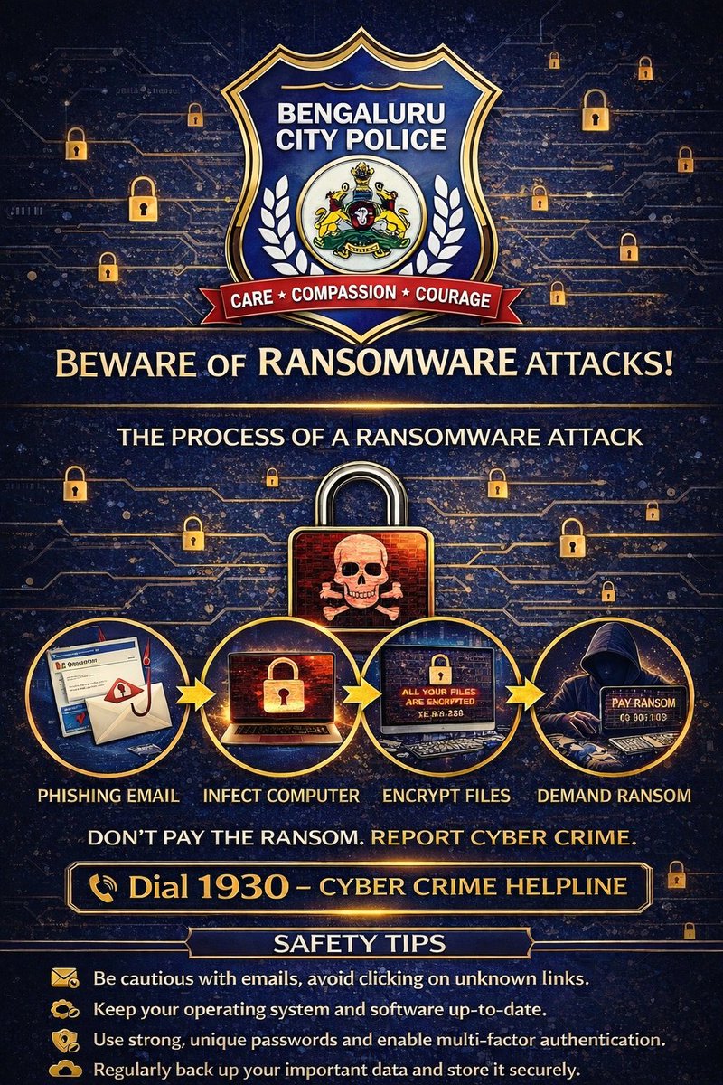 🚨 Beware of Ransomware Attacks!

Think before you click. One phishing email can lock your entire system. 🔐
Don’t pay the ransom — Report Cyber Crime immediately.

📞 Dial 1930 – Cyber Crime Helpline
Stay alert.Stay secure.  
#CyberSafety <a href="/BlrCityPolice/">ಬೆಂಗಳೂರು ನಗರ ಪೊಲೀಸ್‌ BengaluruCityPolice</a> 
#DailyDoseOfCyberSafety
