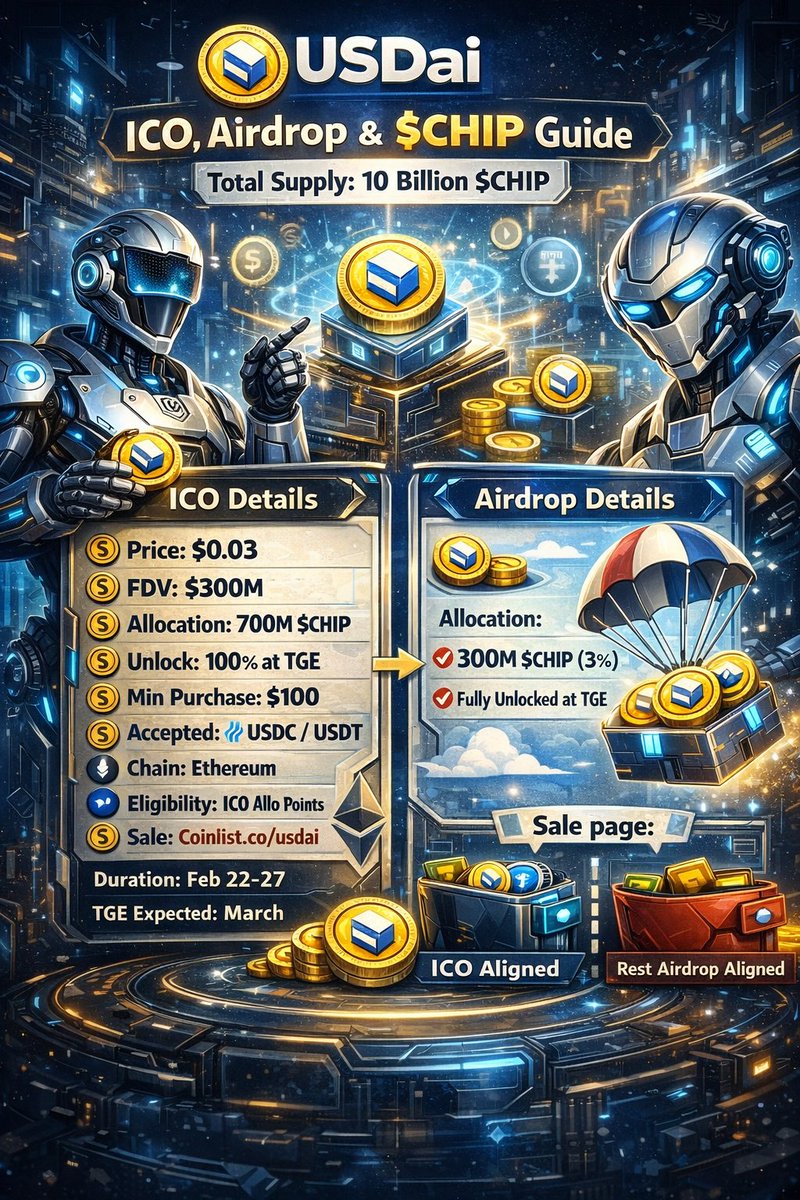 D_CRYPTONFT's tweet photo. 🚀 The $CHIP is landing! 🤖💻

Everything you need to know about the @USDai_Official ICO & Airdrop:

🪙 Supply: 10B Total
🔥 ICO: 7% (700M) | Airdrop: 3% (300M)
🔓 Unlock: 100% at TGE (Expected March)
📝 Eligibility: Based on your Allo points alignment.

✅ ICO aligned ➡️ Join the sale
✅ Airdrop aligned ➡️ Claim at TGE

💸 ICO DETAILS:

📍 Where: https://t.co/dbjurgGxU4
📅 Date: 22–27 Feb
💰 Price: $0.03 ($300M FDV)
⚙️ Min: $100 (USDC/USDT on Ethereum)

Don't miss the fuel for the AI revolution. 🌊

#USDai #CHIP #AI #ICO #Airdrop #Crypto