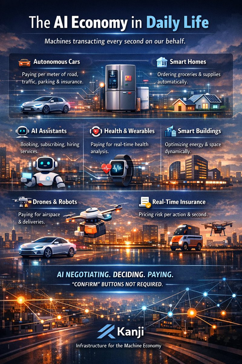 TomFosterward's tweet photo. Have you thought about what happens when AI starts transacting instead of humans? 🧠

High TPS isn’t a crypto metric.

It’s a daily life metric for the AI era.

Very soon, transactions won’t be triggered by people tapping screens.

They’ll be triggered by machines making decisions every second on our behalf.

🚗 Autonomous cars won’t just pay tolls.
They’ll pay per meter of road, per traffic light for priority, per minute of parking, per kW of charging, per second of insurance risk.

One car = thousands of transactions per hour.
A city = millions per second.
🏠 Your home won’t “order groceries”.
Sensors + AI will monitor stock, compare suppliers, negotiate price, and pay automatically, constantly optimizing cost.

⚡ Homes, EVs, and batteries will trade electricity every few seconds.
Selling surplus. Buying dips. Balancing the grid through micro-payments.
🧠 Your personal AI will book travel, buy insurance, subscribe to tools, pay for data, and hire other AI services.
You won’t even see most of it.

⌚ Wearables will stream biometrics to specialist AI models.
Insurance pricing will adjust in real time, per second.
🏢 Buildings will buy power, weather data, occupancy data, and trade energy with nearby buildings. Thousands of tiny economic decisions every minute.

🚁 Drones and robots will pay for airspace, pavement space, route priority, and live insurance as they move.
🧾 Insurance stops being monthly.
It becomes per action, per second, per context.

The pattern is simple:
Humans are not clicking “confirm”.

AI systems are negotiating, deciding, and transacting at machine speed.
That’s when very high TPS stops being impressive…

…and becomes critical infrastructure for everyday life.

This is the world @joinkanji  is built for. 🌐

#AI #AIAgents #MachineEconomy #SmartCities #DigitalInfrastructure #Blockchain #Web3 #Fintech #Mobility #EnergyTech #HealthTech #Dubai #Kanji @bcap @PanteraCapital @DubaiBlockNet