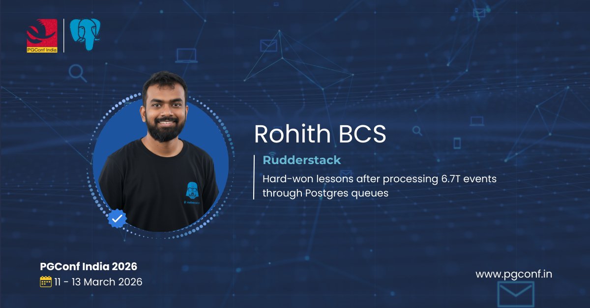 PGConfIndia's tweet photo. 6.7 Trillion Events! ๐คฏ Rohit BCS from @RudderStack shares **Hard-won lessons after processing events through Postgres queues.** Streaming with Postgres! #PostgreSQL #Streaming #HighThroughput https://t.co/Wt3vhY8i39