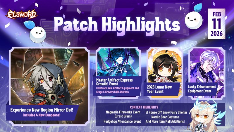 Elsword's tweet image. 📰Latest Patch Highlights📰

Elrios's newest region, a new Artifact Equipment, 2026 Lunar New Year celebration, and MORE! 

#Elsword #Patch