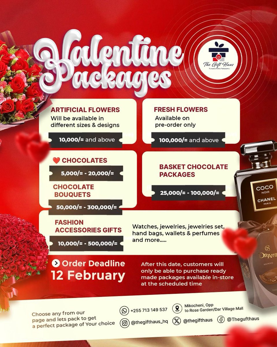 Usipange kumnyima mpendwa wako zawadi this valentine season 2026.

Karibu tupange pamoja tukuandalie package nzuri kuendana na hitaji na bajeti yako mpendwa mteja wetu. 🤝🙏🏽

Thank you soo much. Karibu sana <a href="/thegifthaus/">TheGiftHaus</a> 

Yours 
Vanessa Temba 
Owner; The Gift Haus