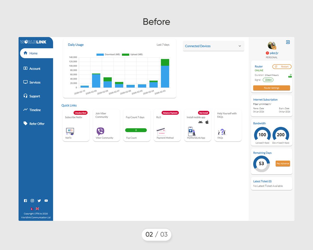 SamirSh33085176's tweet photo. Redesigning the WorldLink Customer Dashboard (concept) #productdesign #worldlink #saasdesign #uxui https://t.co/H9PxsMYMOH