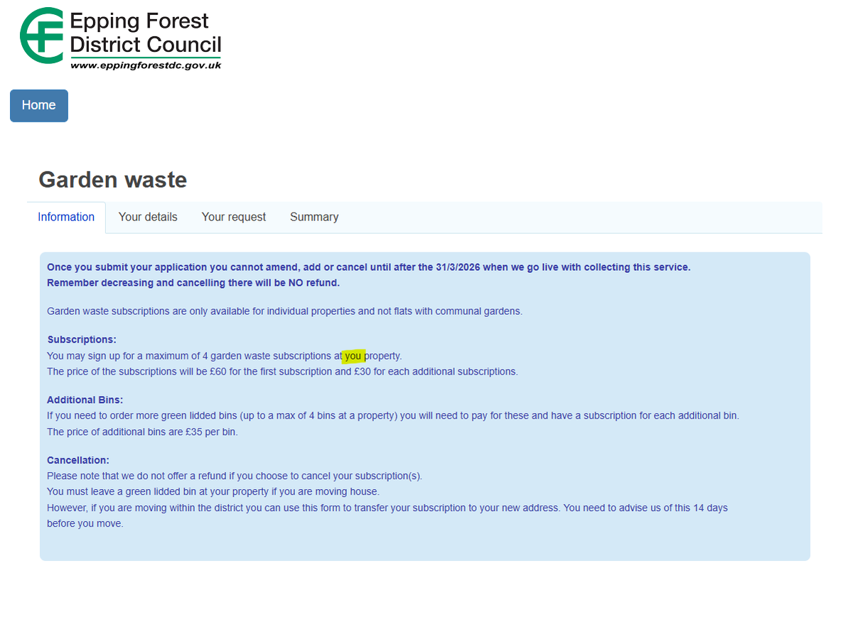 LowerSheeringWX's tweet photo. @eppingforestdc
I'm about to sign up to the garden waste collections and instantly I see a typo on your site and I think "this looks scammy". If you want even more money from us at least get your spelling right! https://t.co/Wvl8gVIcqv